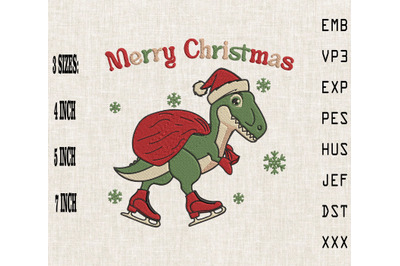 Merry Christmas Santa Dinosaur T-Rex Embroidery