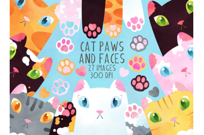 Watercolor Cat Paws and Faces Clipart