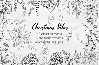 Line Art Christmas Clipart &amp; Wreaths