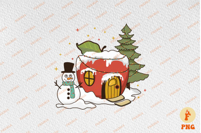 Retro Apple House And Snowman Christmas