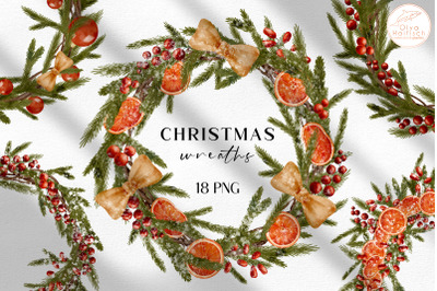 Watercolor Christmas Wreaths Set. Winter Frames with Fir Branches PNG