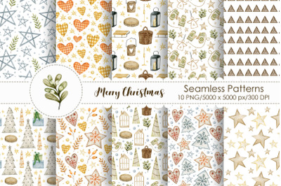 Watercolor Merry Christmas Seamless Patterns.