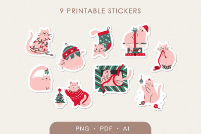 9 Christmas Cats Stickers, Printable Digital Stickers Bundle