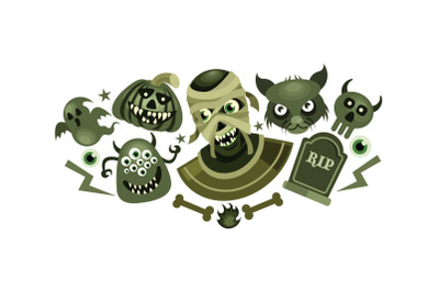 Set of Halloween Scary Vector Illustration