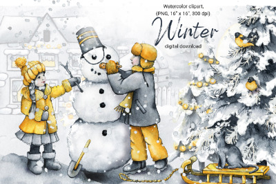 Winter clipart, Christmas watercolor, children, snowman