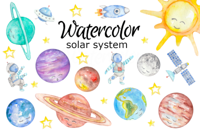 Watercolor solar system clipart