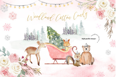 Winter Woodland Cotton Candy Animals Clipart, Christmas Mountain