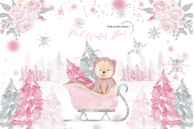Winter Pink Bear Silver Snowflakes Pine Trees Mountain Clipart