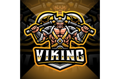 Viking mascot gaming logo design holding axe