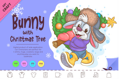 Bunny with Christmas Tree. Clipart