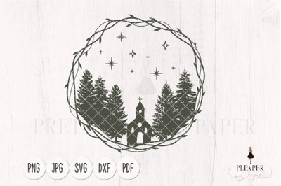 Christmas ornament svg, Pine trees and church in winter wreath svg