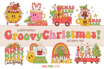Groovy Retro Christmas stickers Bundle
