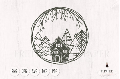Christmas scene svg, Pine trees and cottage house in winter wreath svg