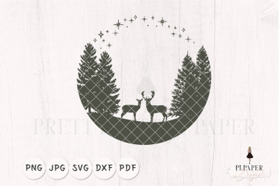 Christmas scene svg, Pine trees and deers in winter svg