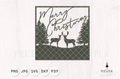 Christmas card svg, Christmas scene with deers and pine trees svg