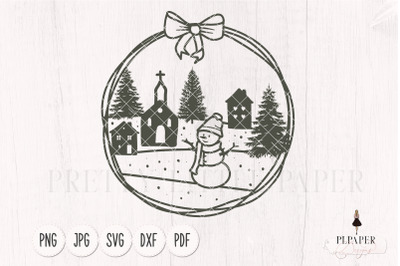 Christmas ornament svg with bow, Winter scene with snowman and pine tr