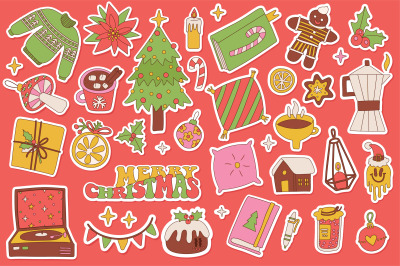 34 Groovy Christmas Stickers. Printable Digital Concepts