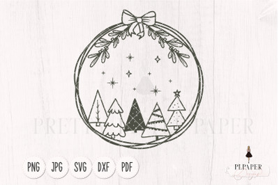 Christmas ornament svg with bow, Winter scene with pine trees svg