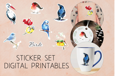 Bird stickers for scrapbooking and junk journal, bright watercolor sti