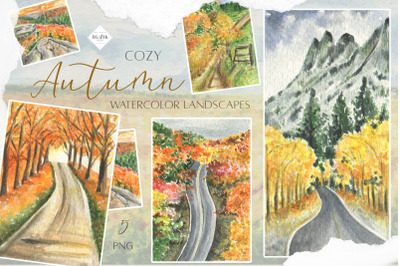 Watercolor Autumn Landscape Clipart. Travel clipart.