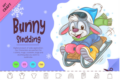 Cartoon Bunny Sledding. Clipart