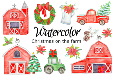 Christmas farm watercololor clipart