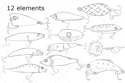 Fishing lures clipart digital stamp