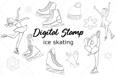 Ice skating digital stamp clipart png vector