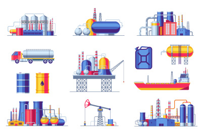 Oil extraction and production icons. Fuel gas industry constructions,