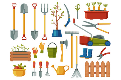 Gardening equipment. Abstract cartoon garden tools with pitchfork spad