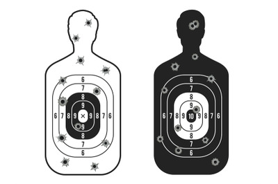 Shot target. Human silhouette with bullet circular holes, military pro