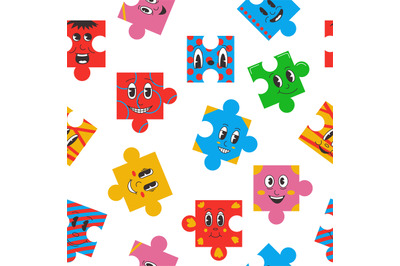 Puzzle characters pattern. Seamless print of funny abstract comic face