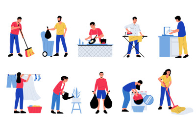 People doing housework. Men woman characters cooking dishes watering f