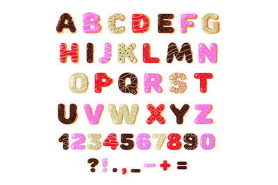 Donut font. Colorful sweet doughnut bakery alphabet latin letters and