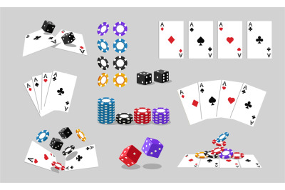 Casino cards and chips. Playing accessories for poker tournament flat