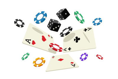 Falling cards and chips. Playing casino accessories for poker, floatin