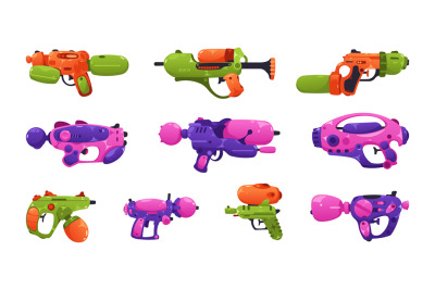 Water weapon. Cartoon plastic toy guns for children flat style, kids g