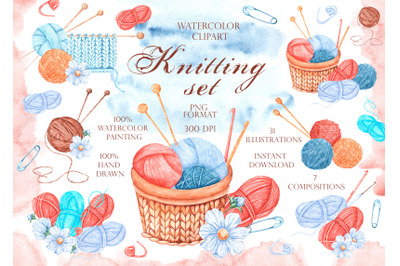Knitting set watercolor clipart. Knitting needles. Crochet. Thread.