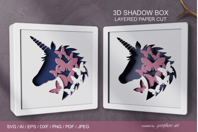 Unicorn 3D Layered papercut SVG / Butterflies Shadow box
