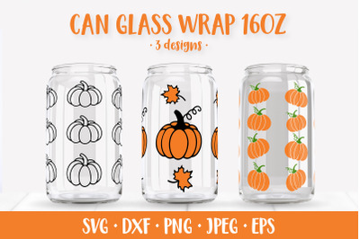 Pumpkin Glass Can Wrap SVG. Thanksgiving Can Glass 3 Designs