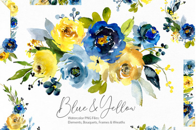 Watercolor Blue &amp; Yellow Flowers Png