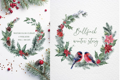 Christmas watercolor wreath, bullfinch clipart, sublimation