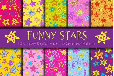 Funny Stars groovy digital papers &amp; seamless patterns png, jpg, eps