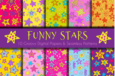 Funny Stars groovy digital papers &amp;amp; seamless patterns png&2C; jpg&2C; eps