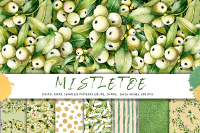 White mistletoe berry digital paper PNG, seamless patterns