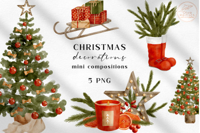 Watercolor Christmas Clipart. Christmas Tree, Winter Decor PNG