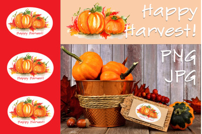 Pumpkin illustration Happy Harvest. Printable stickers sheet Png