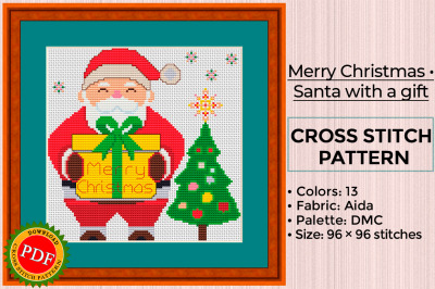 Merry Christmas Cross Stitch Pattern | Santa with a gift