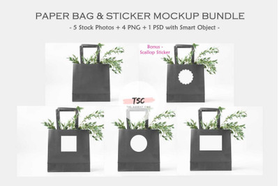 Black Goodie&nbsp;Bag &amp;&nbsp;Sticker Mockup Bundle