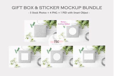 Gift Box &amp;&nbsp;Sticker Mockup Bundle
